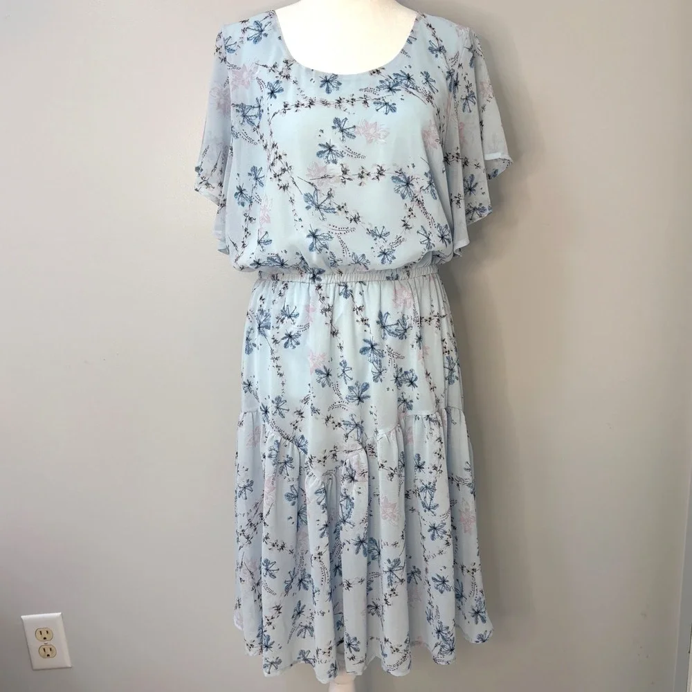 Nemidor Light Blue‎ Floral Chiffon Midi Dress Flutter Sleeve Cottagecore Sz 14